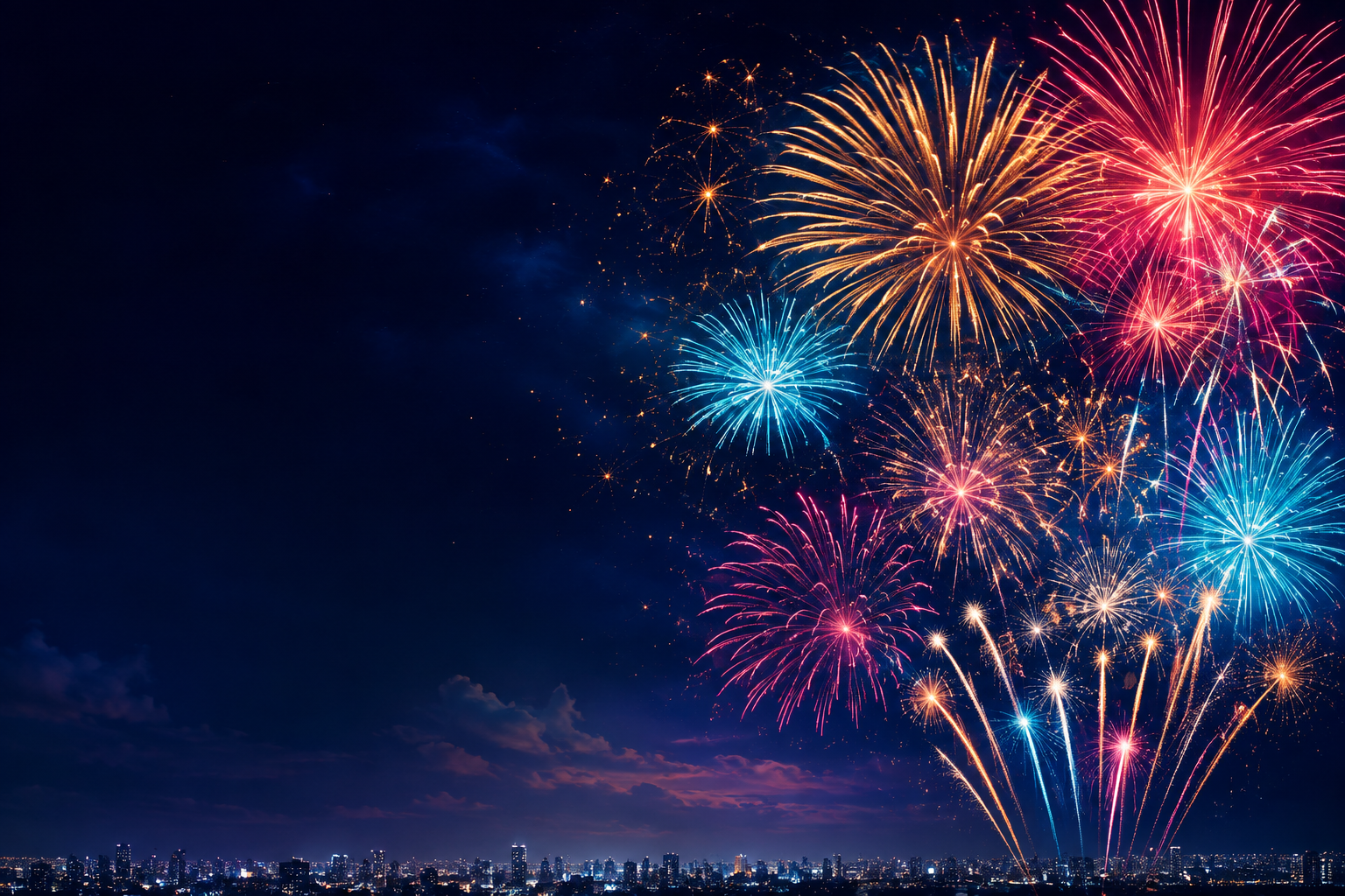Pink, gold and blue fireworks lighting up the night sky